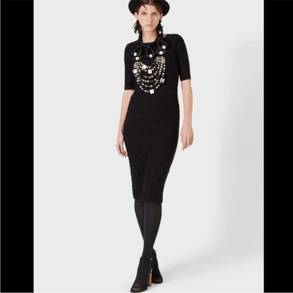 Georgio Armani NWT Black Embossed Stretch Bodycon Midi Dress Italian Sz 44 US 8